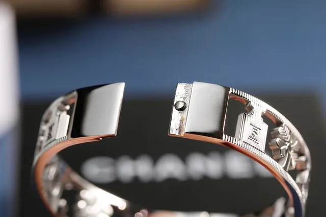 Chanel Gold Silver Rigid Wide Bangle Interlocking CC Logo Bracelet 8