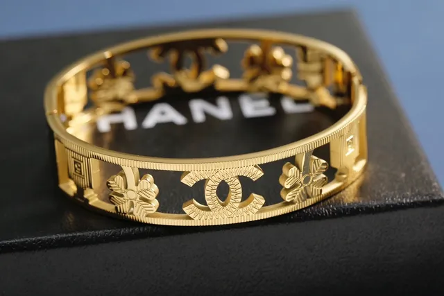 Chanel Gold Silver Rigid Wide Bangle Interlocking CC Logo Bracelet 9