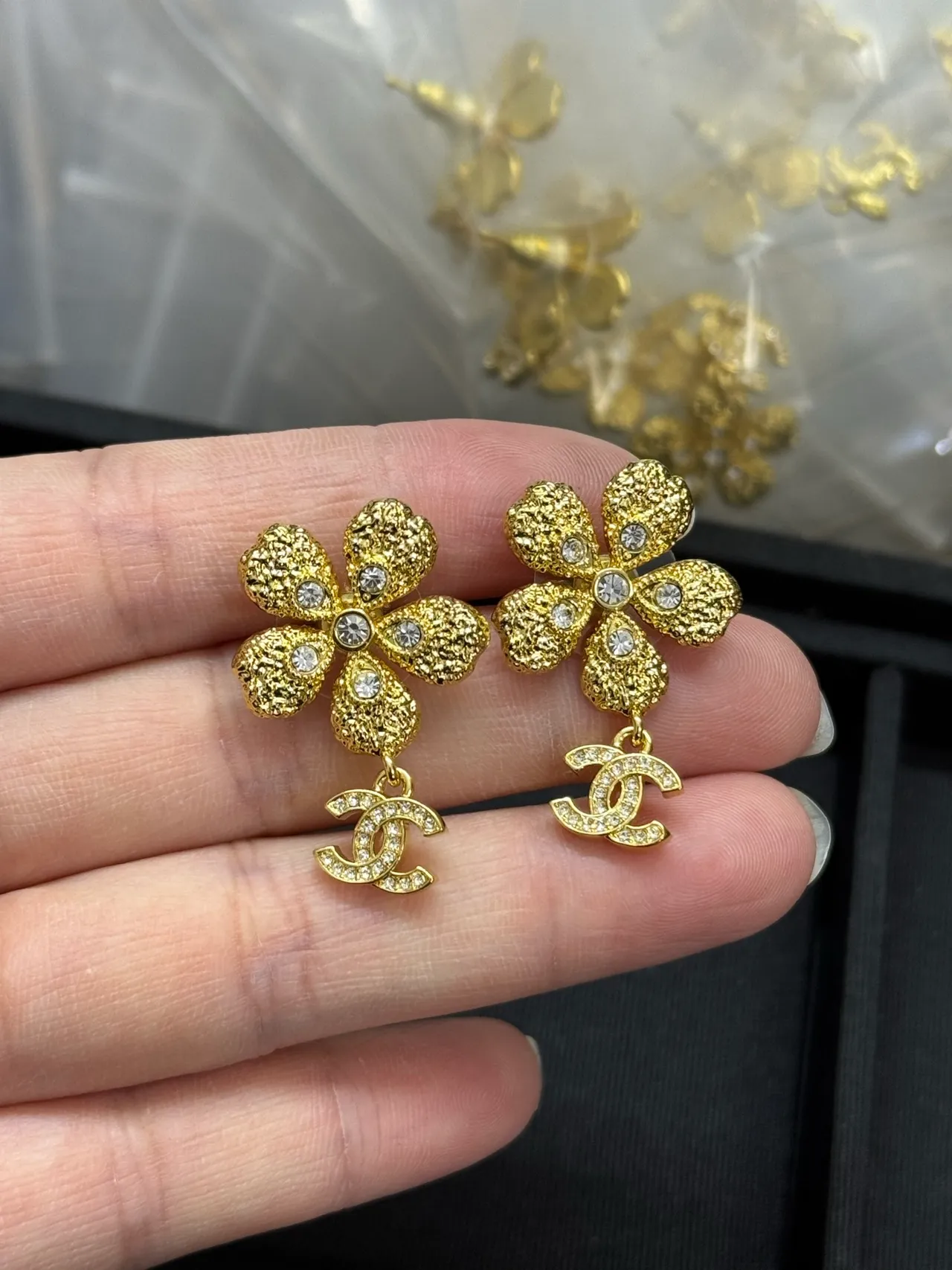 Chanel Gold Transparent Textured Flower Crystal-Embellished Earrings 2