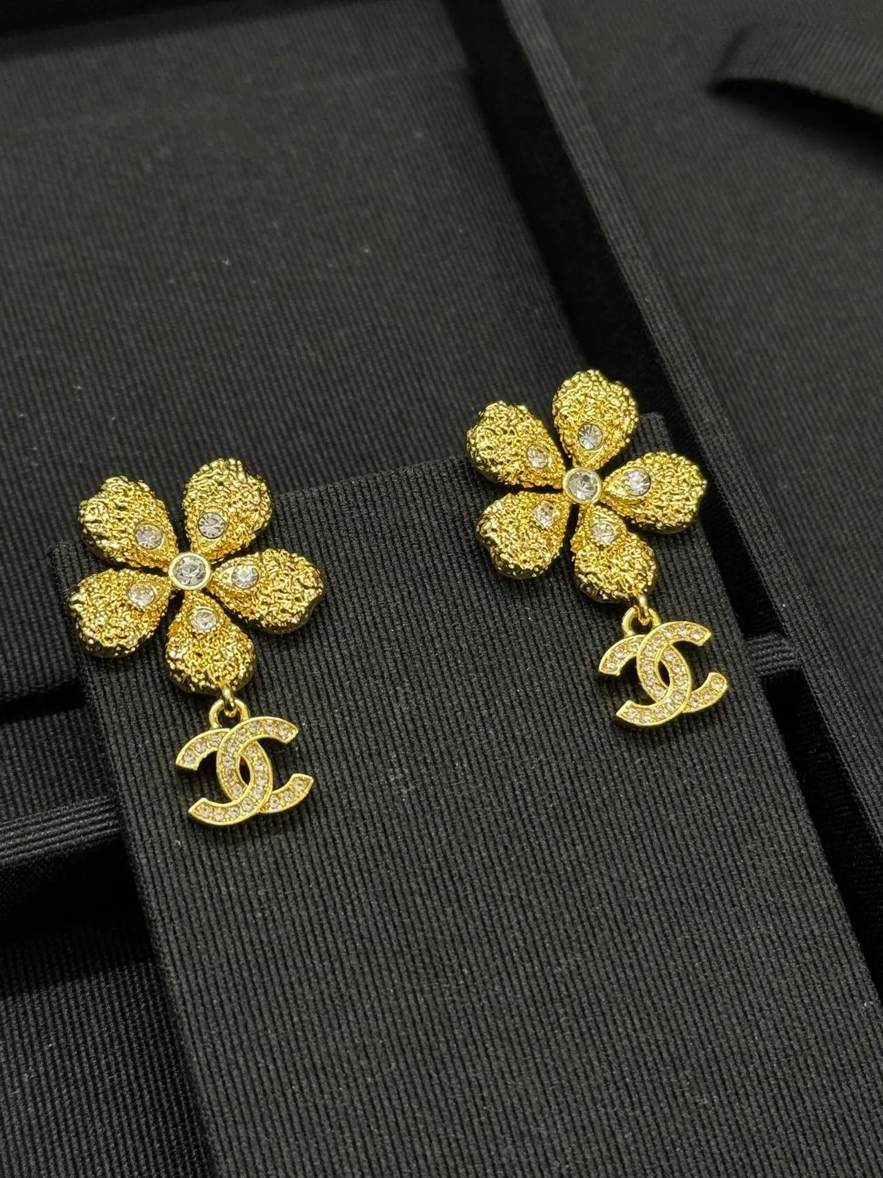 Chanel Gold Transparent Textured Flower Crystal-Embellished Earrings 3