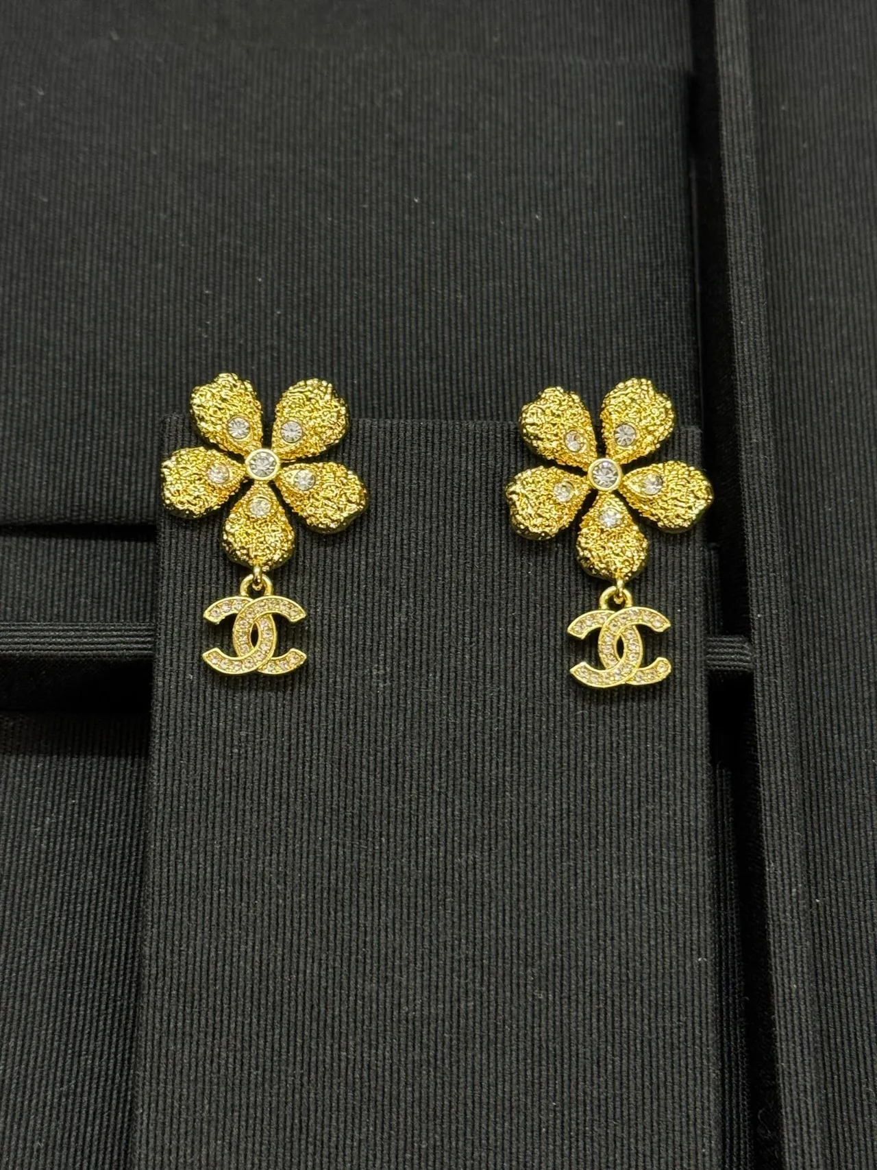 Chanel Gold Transparent Textured Flower Crystal-Embellished Earrings 4