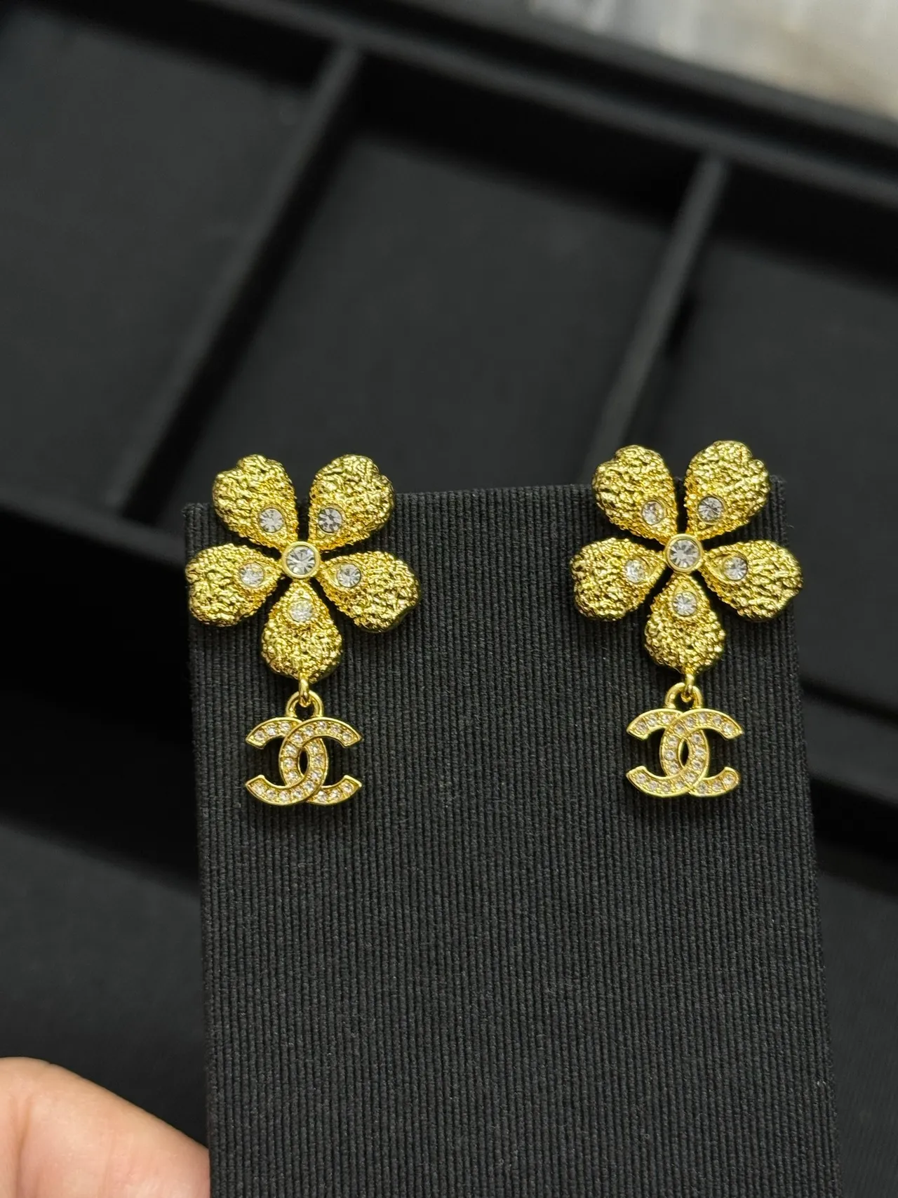 Chanel Gold Transparent Textured Flower Crystal-Embellished Earrings 5