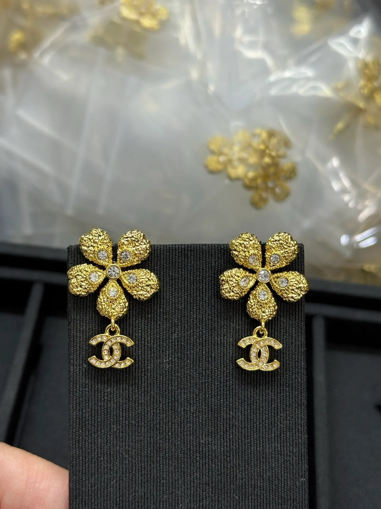 Chanel Gold Transparent Textured Flower Crystal-Embellished Earrings 6