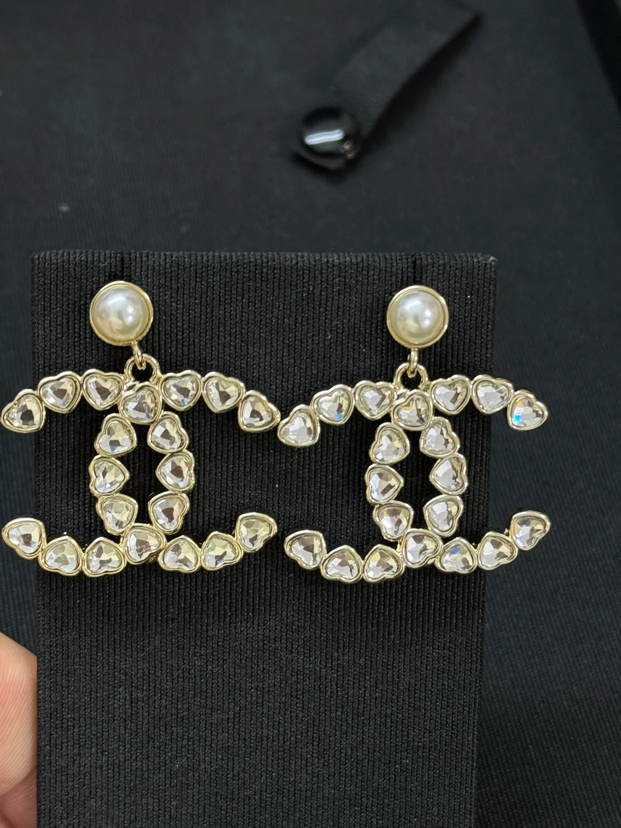 Chanel Gold White Heart-Shaped Crystal Pavé Pearl-Top Stud Earrings 2