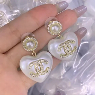 Chanel Heart CC Pearl Stud Crystal Earrings