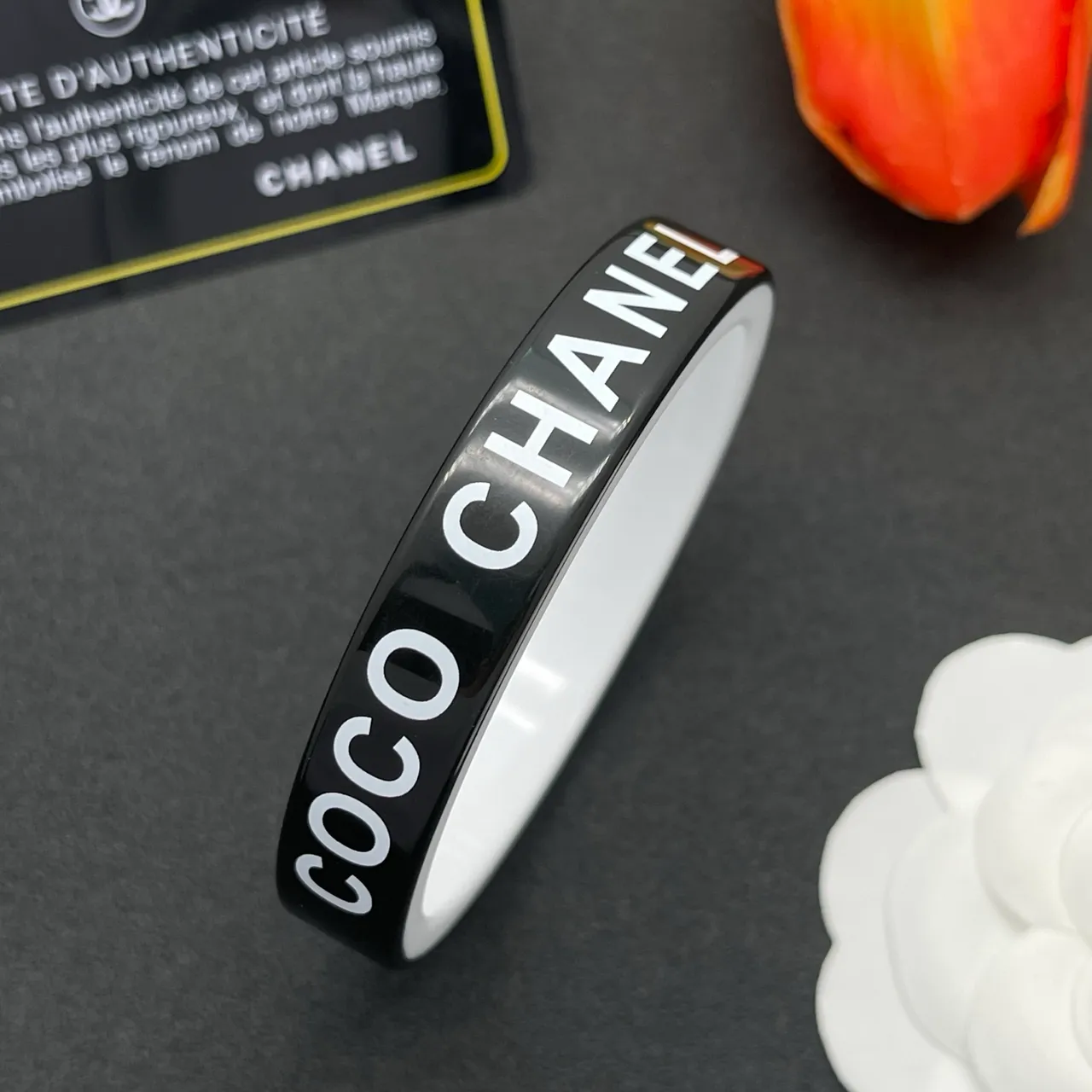 Chanel Logo Bangle Black and White Bracelet 7