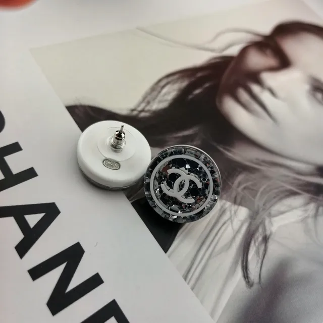 Chanel Logo Stud Black White Circular Glitter Mosaic Earrings 2