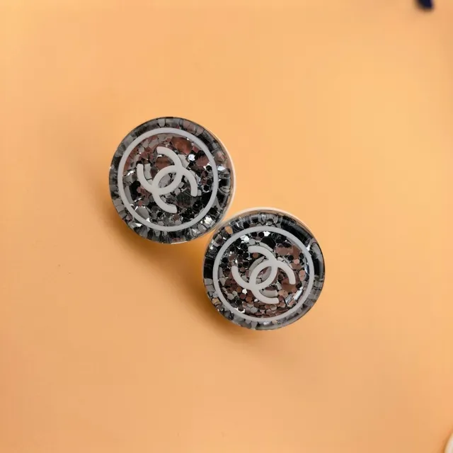 Chanel Logo Stud Black White Circular Glitter Mosaic Earrings 3