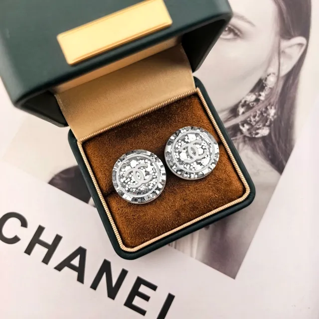 Chanel Logo Stud Black White Circular Glitter Mosaic Earrings 4