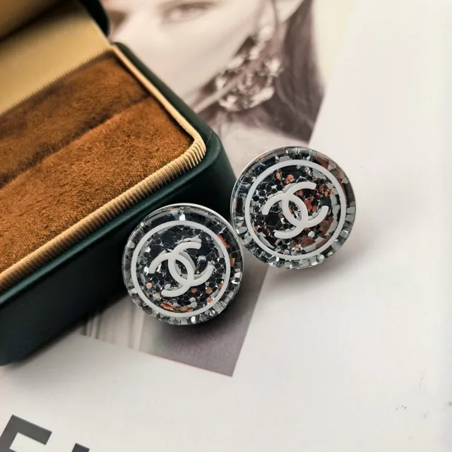 Chanel Logo Stud Black White Circular Glitter Mosaic Earrings 6