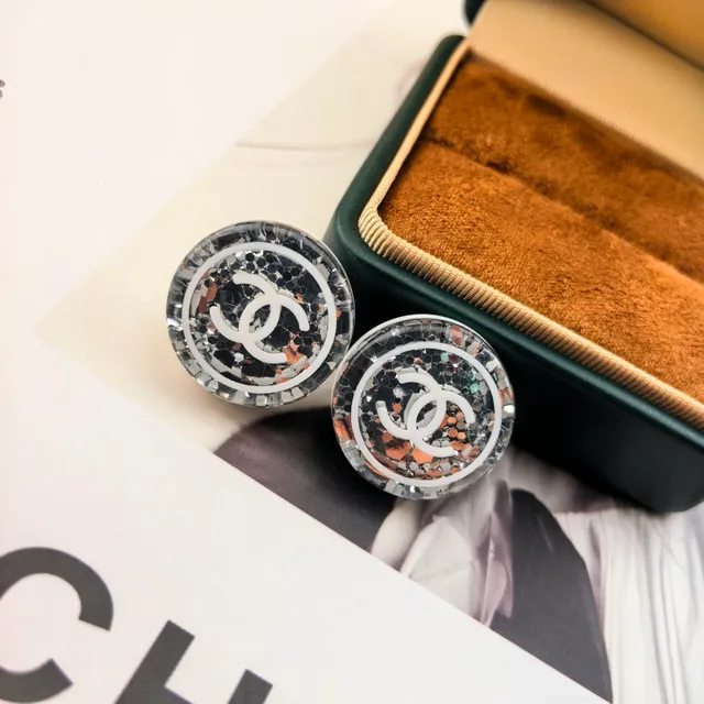 Chanel Logo Stud Black White Circular Glitter Mosaic Earrings 8