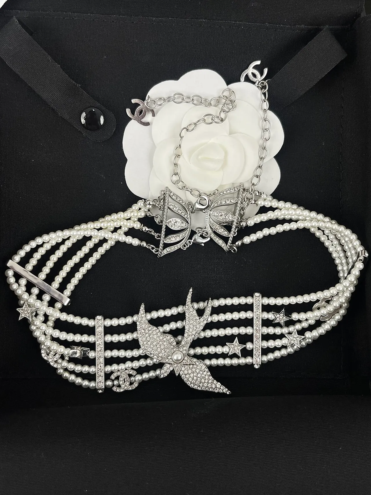 Chanel Multi-Strand Pearl and Crystal Swallow Choker Necklace 5