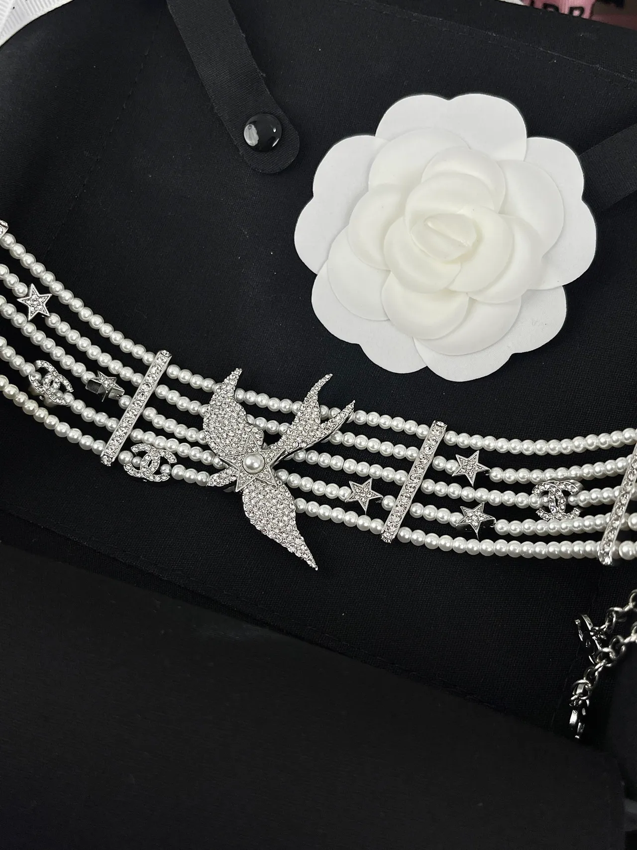 Chanel Multi-Strand Pearl and Crystal Swallow Choker Necklace 6