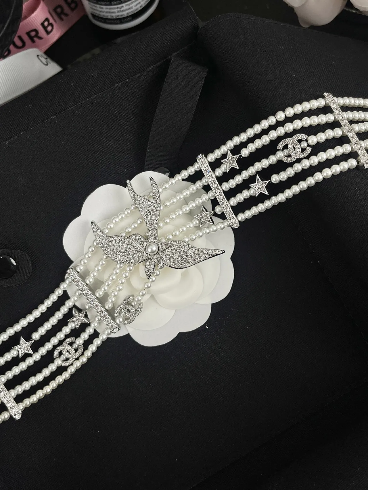 Chanel Multi-Strand Pearl and Crystal Swallow Choker Necklace 7