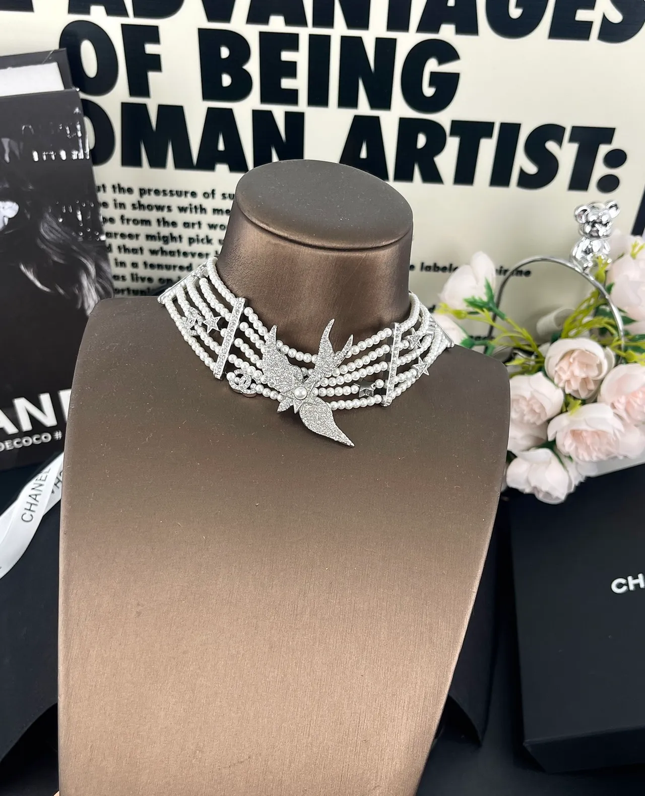 Chanel Multi-Strand Pearl and Crystal Swallow Choker Necklace 8