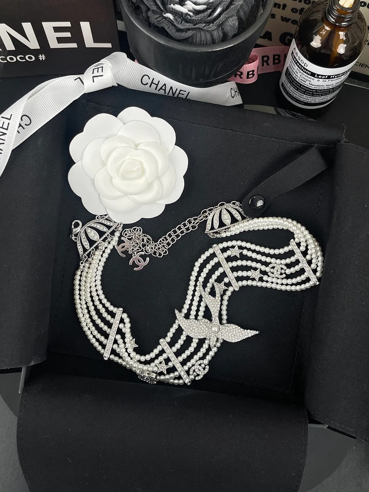 Chanel Multi-Strand Pearl and Crystal Swallow Choker Necklace 14