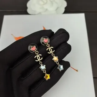 Chanel Multicolor Gold Dangling Chain Enamel Star Charms Earrings