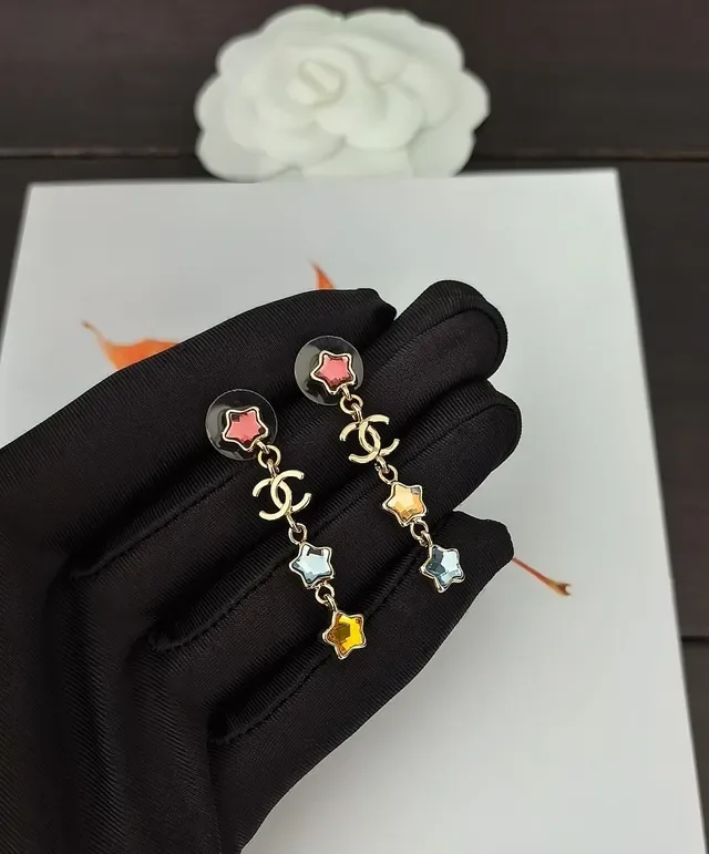 Chanel Multicolor Gold Dangling Chain Enamel Star Charms Earrings 1
