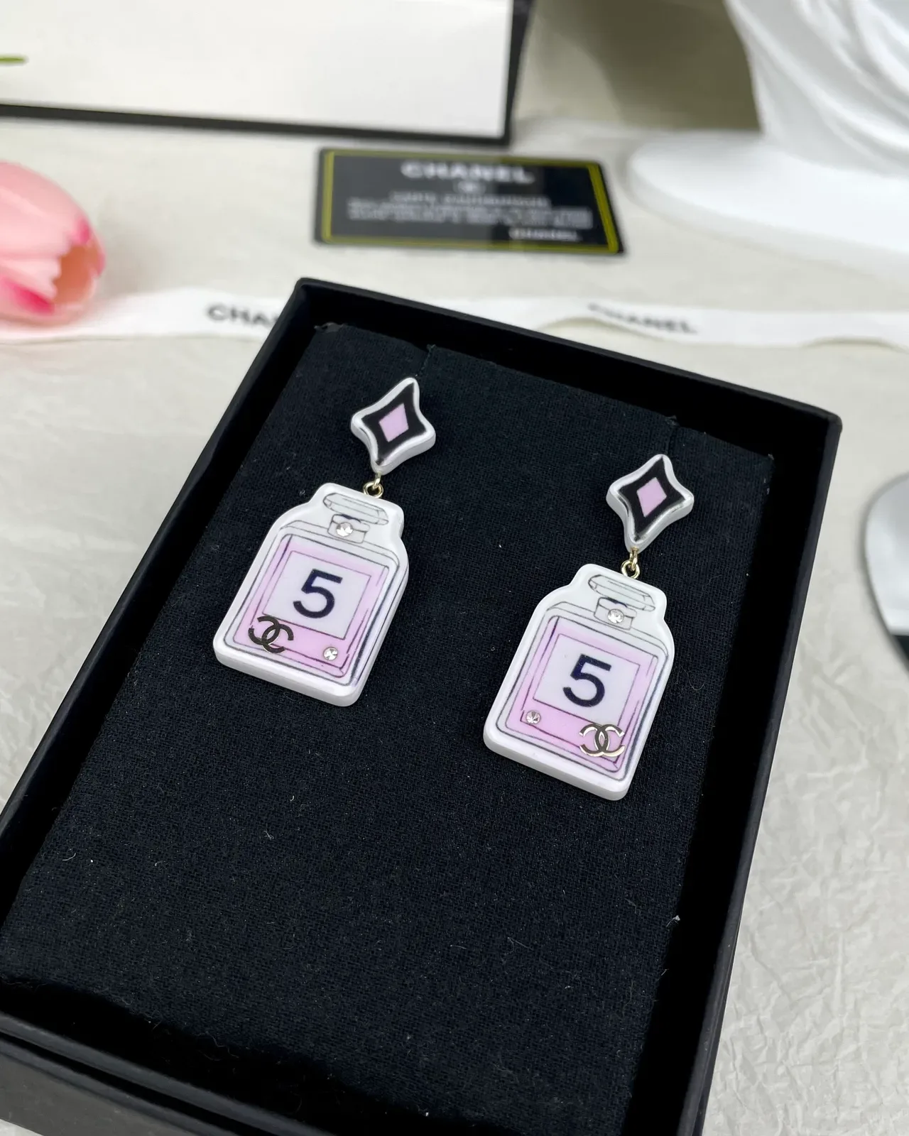 Chanel No. 5 Perfume Bottle Acrylic Dangling Earrings 6