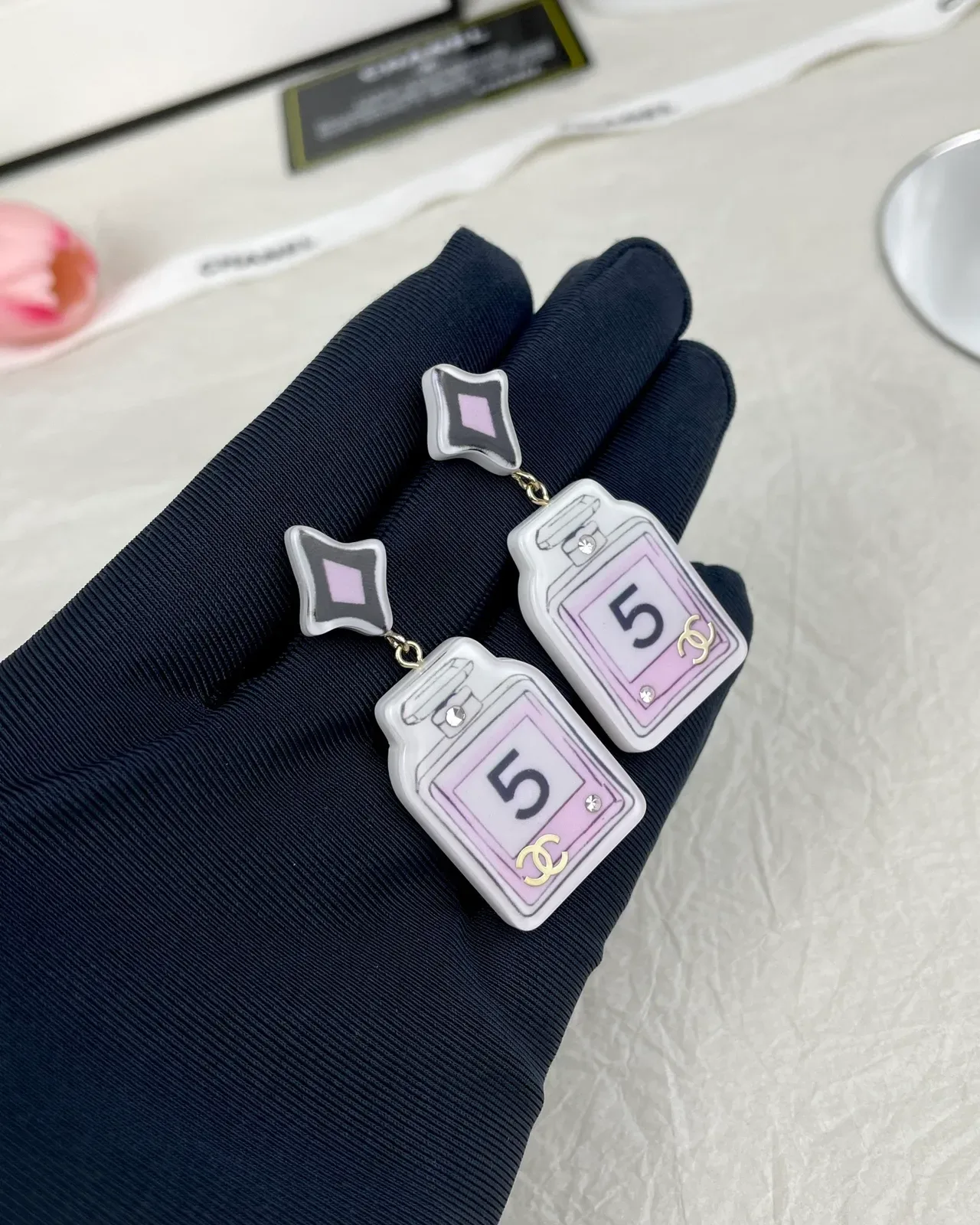 Chanel No. 5 Perfume Bottle Acrylic Dangling Earrings 9