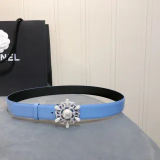 Chanel Pearl and Crystal Sunburst Buckle Light Blue Leather Belt