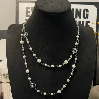 Chanel Pearl Necklace White Silver Double-Strand Metal Chain Necklace