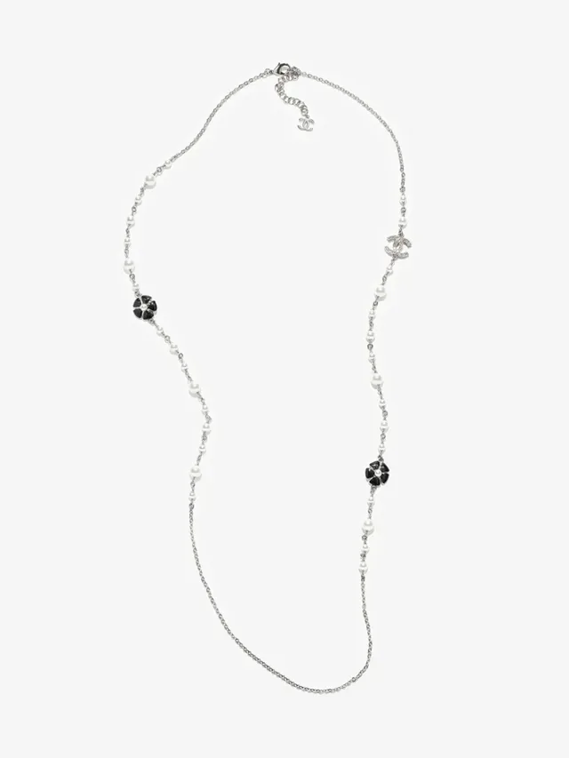 Colar de pérolas Chanel Branco Prata Corrente de metal dupla 9