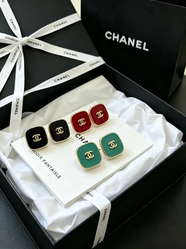 Chanel Red Enamel Square CC Logo Stud Earrings 5