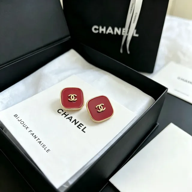 Chanel Red Enamel Square CC Logo Stud Earrings 7