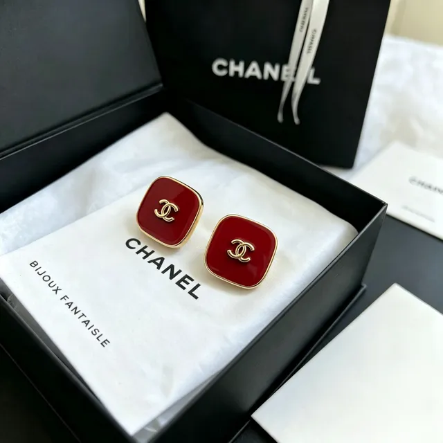 Chanel Red Enamel Square CC Logo Stud Earrings 9