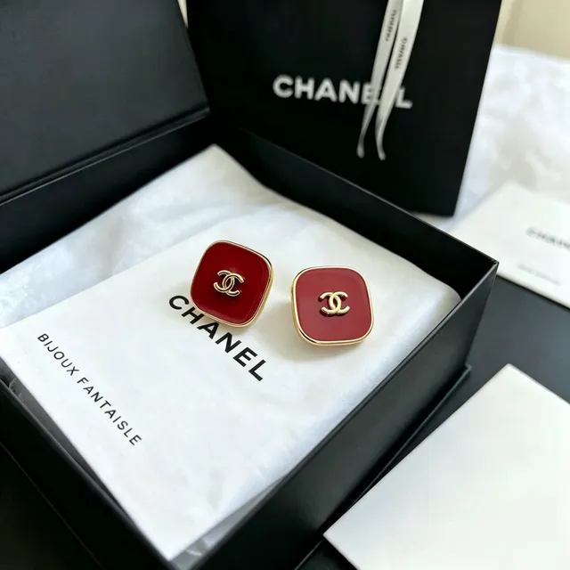 Chanel Red Enamel Square CC Logo Stud Earrings 10
