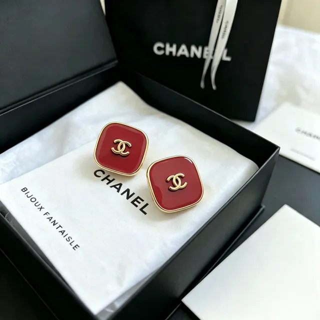 Chanel Red Enamel Square CC Logo Stud Earrings 11