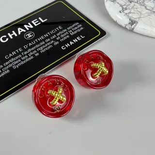 Chanel Resin Button Red Gold Translucent Camellia Motif Earrings