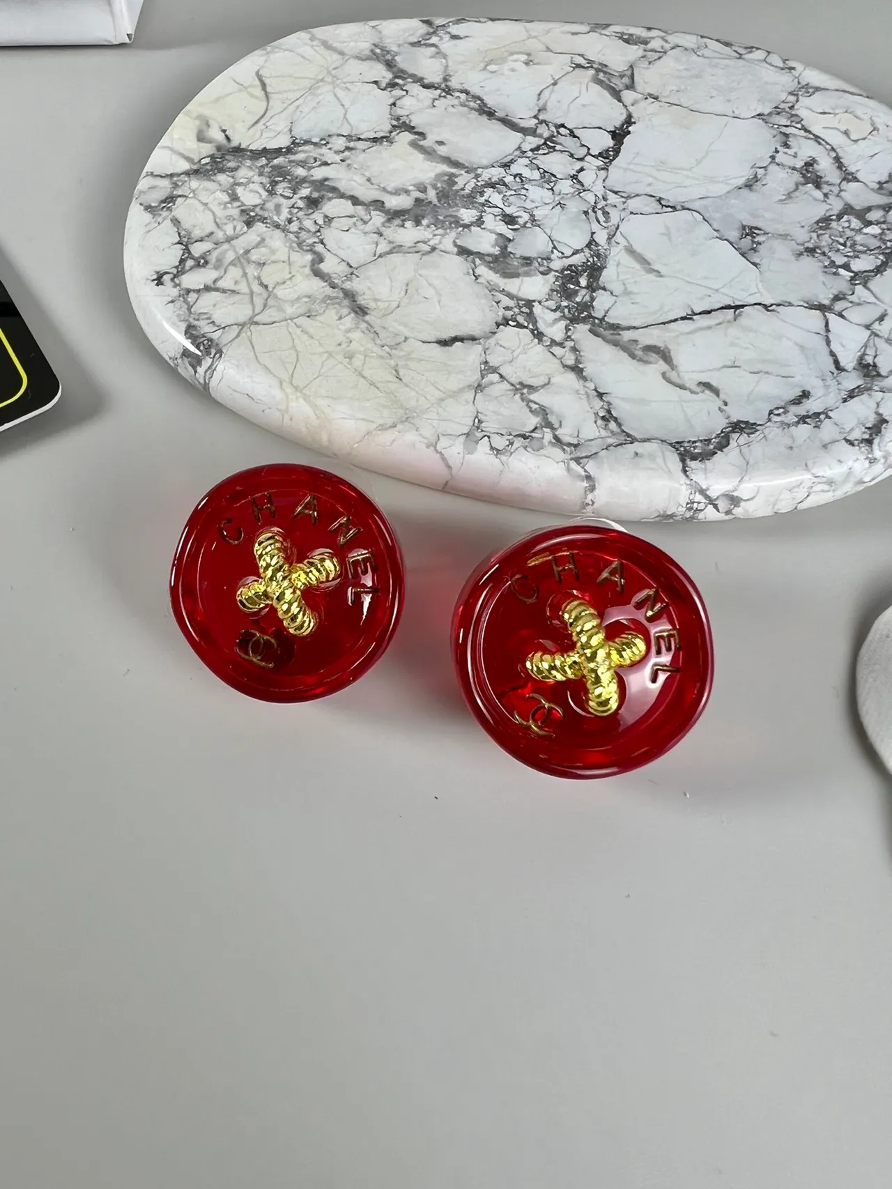 Chanel Resin Button Red Gold Translucent Camellia Motif Earrings 2