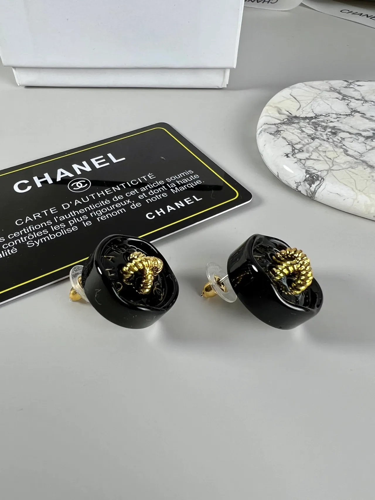 Chanel Resin Button Red Gold Translucent Camellia Motif Earrings 3