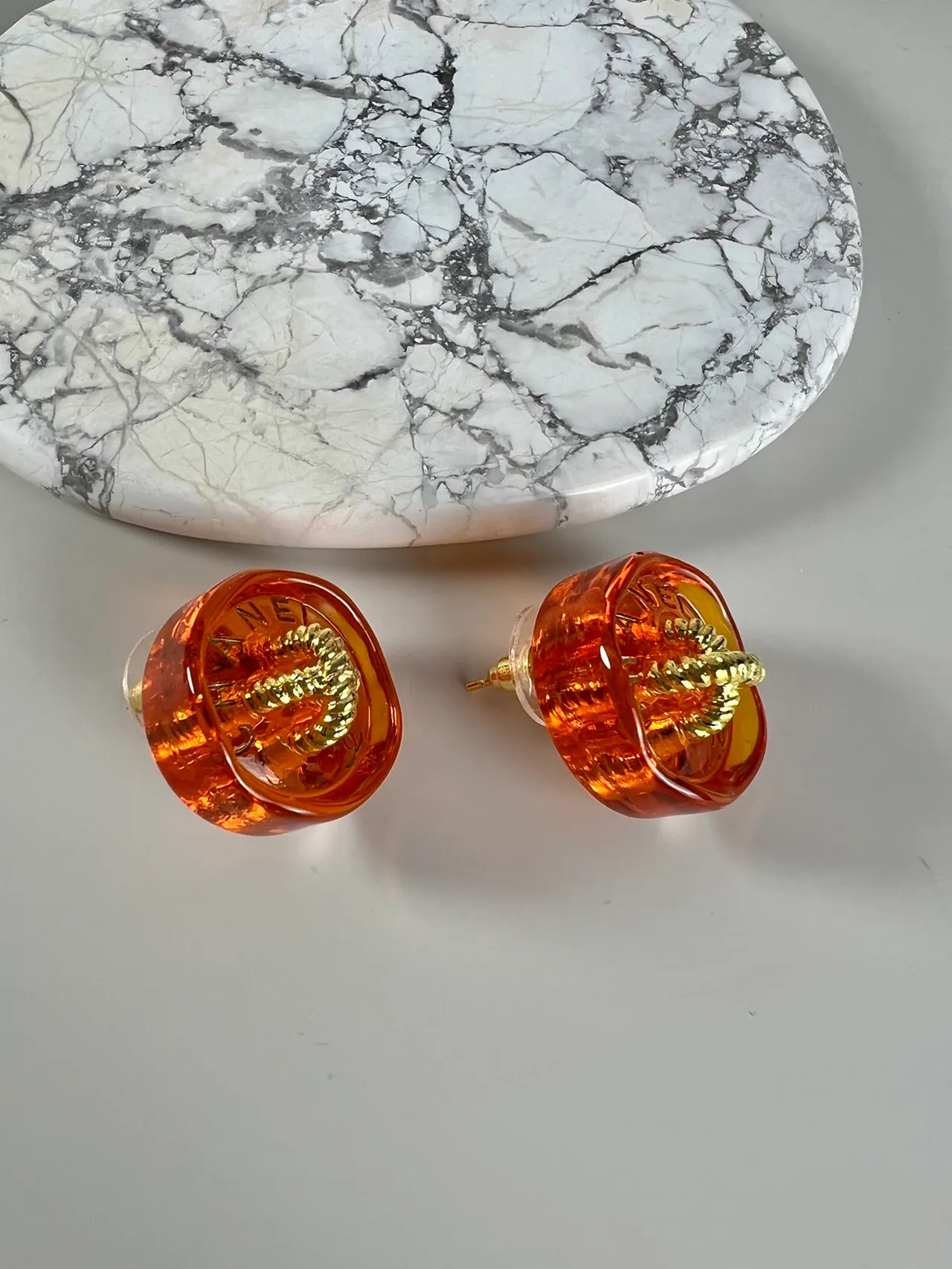 Chanel Resin Button Red Gold Translucent Camellia Motif Earrings 4