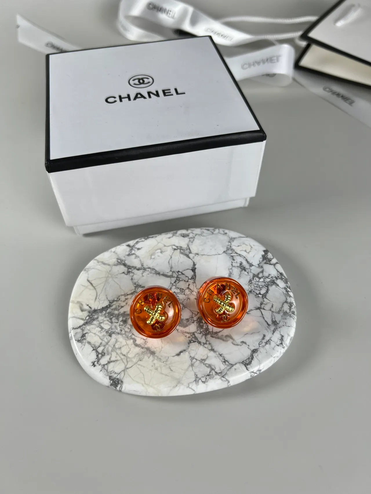Chanel Resin Button Red Gold Translucent Camellia Motif Earrings 8