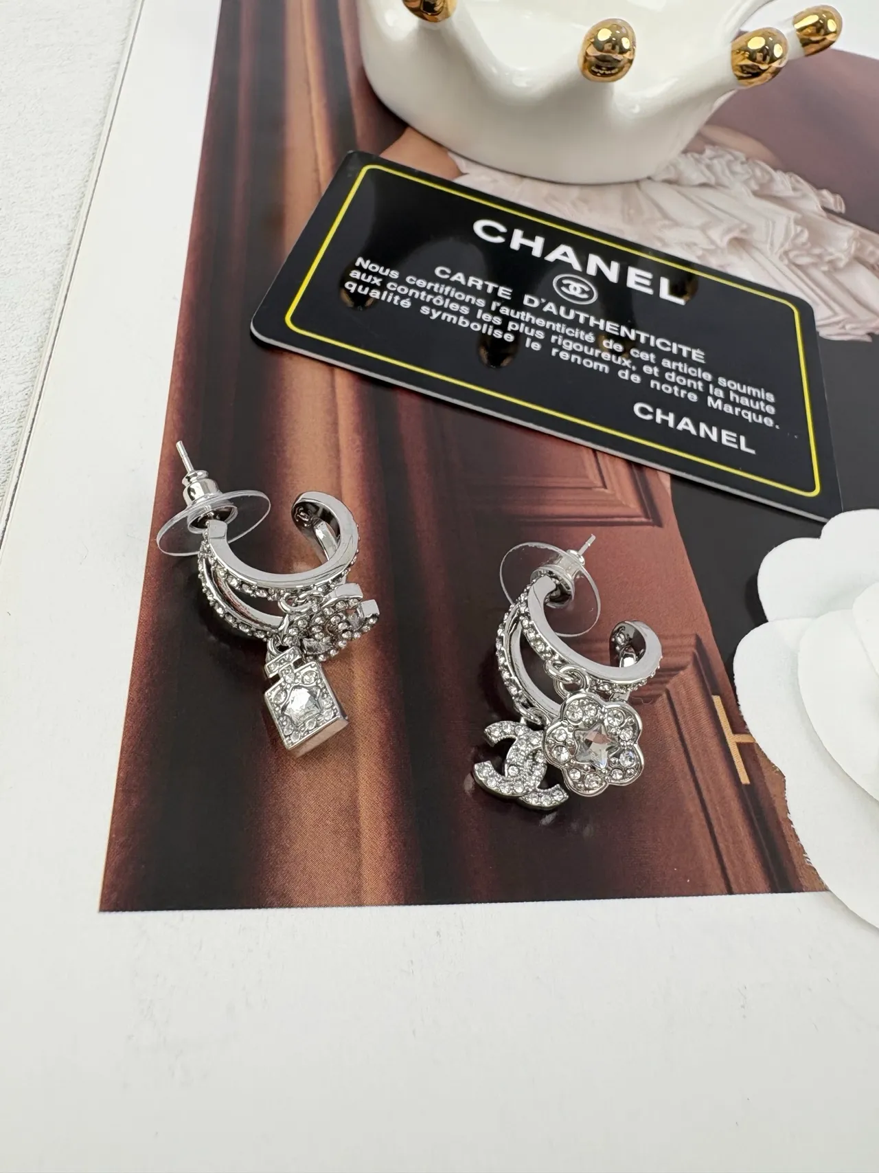 Chanel Silver Pavé-Crystal Asymmetrical Earrings 2