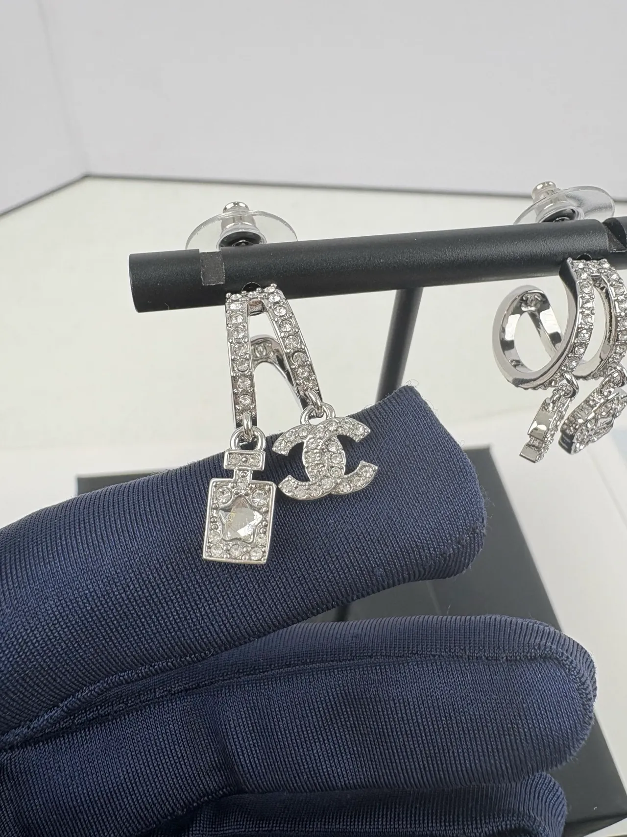Chanel Silver Pavé-Crystal Asymmetrical Earrings 3