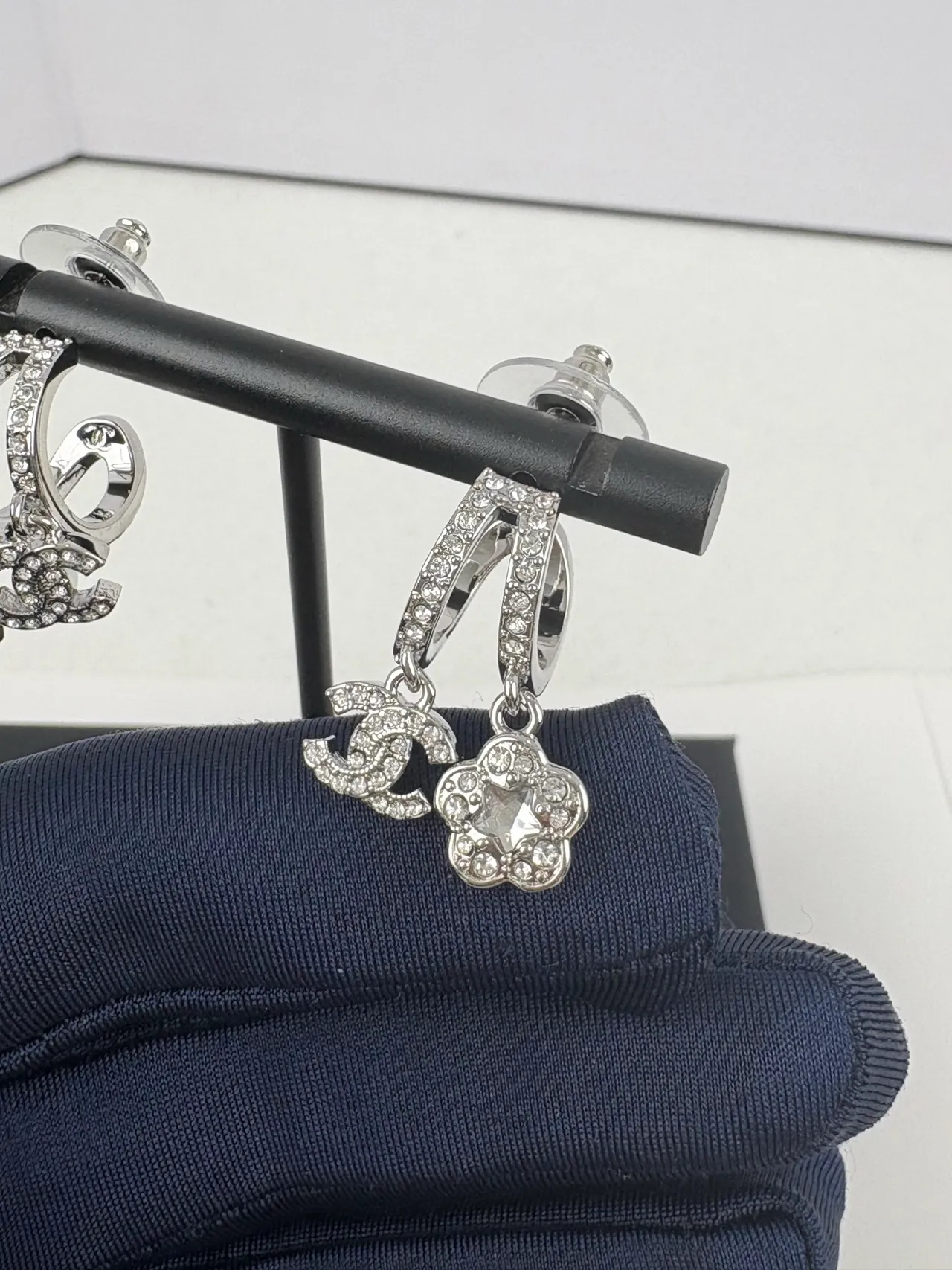 Chanel Silver Pavé-Crystal Asymmetrical Earrings 4