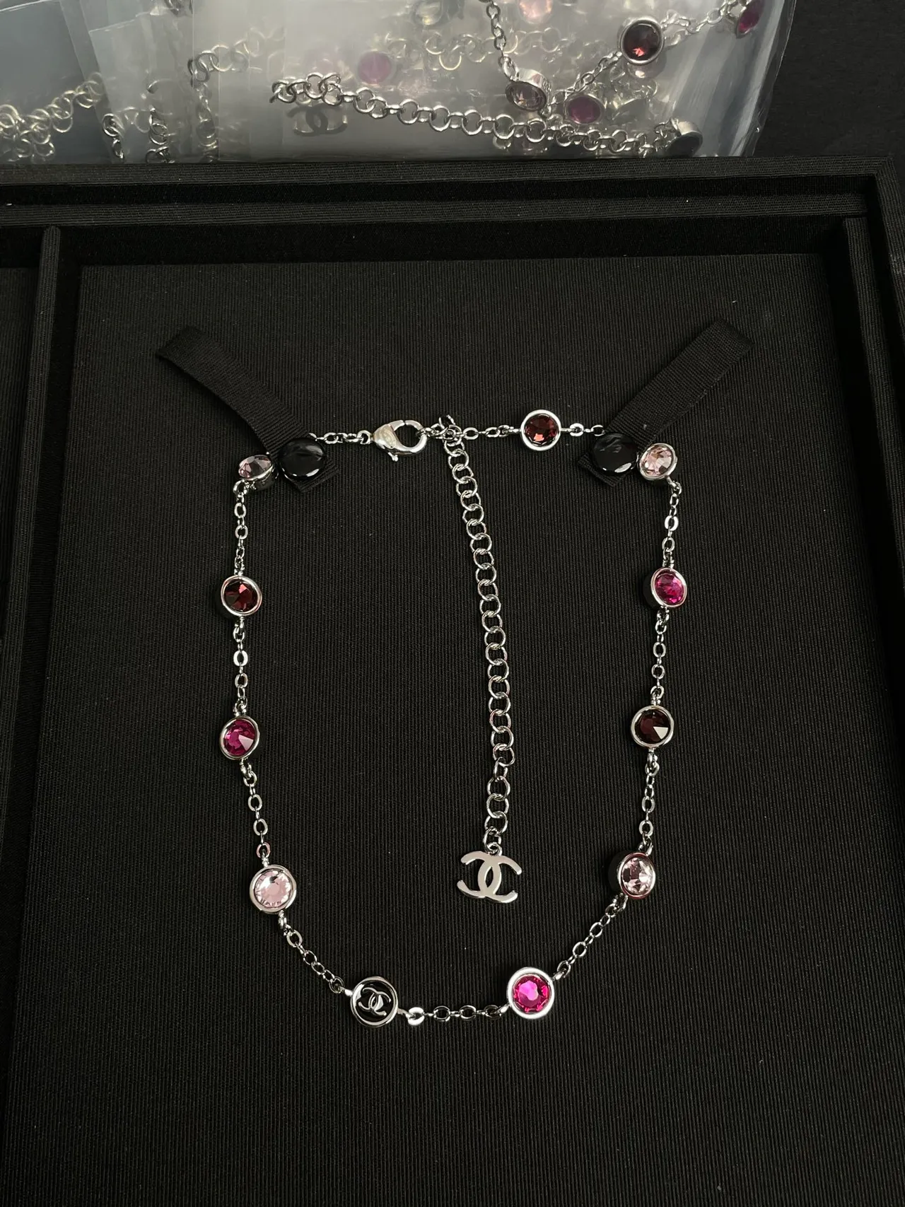 Chanel Silver Pink Chain Bezel-Set Colored Crystals Necklace 1