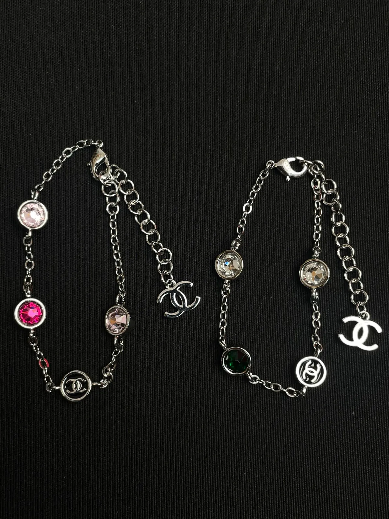 Chanel Silver Pink Chain Bezel-Set Colored Crystals Necklace 2