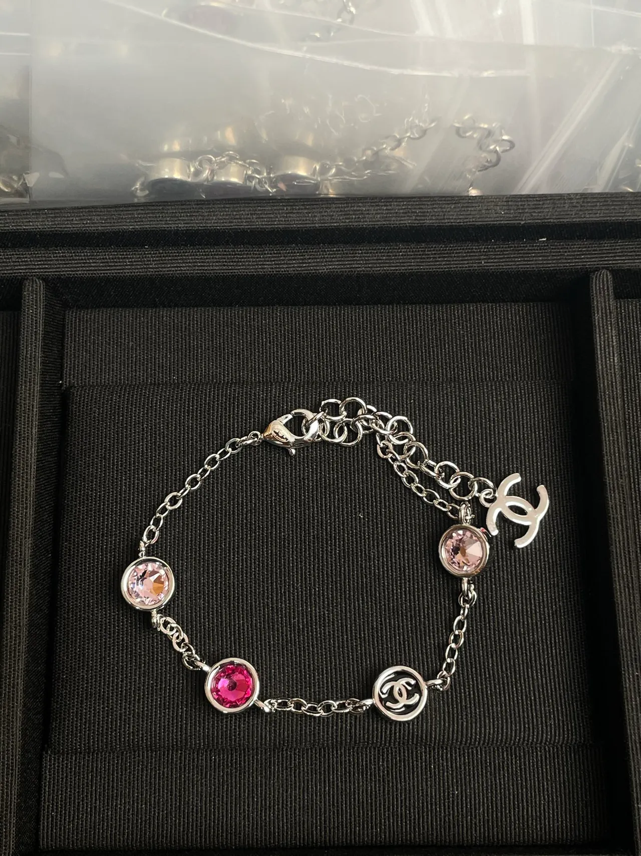 Chanel Silver Pink Chain Bezel-Set Colored Crystals Necklace 6