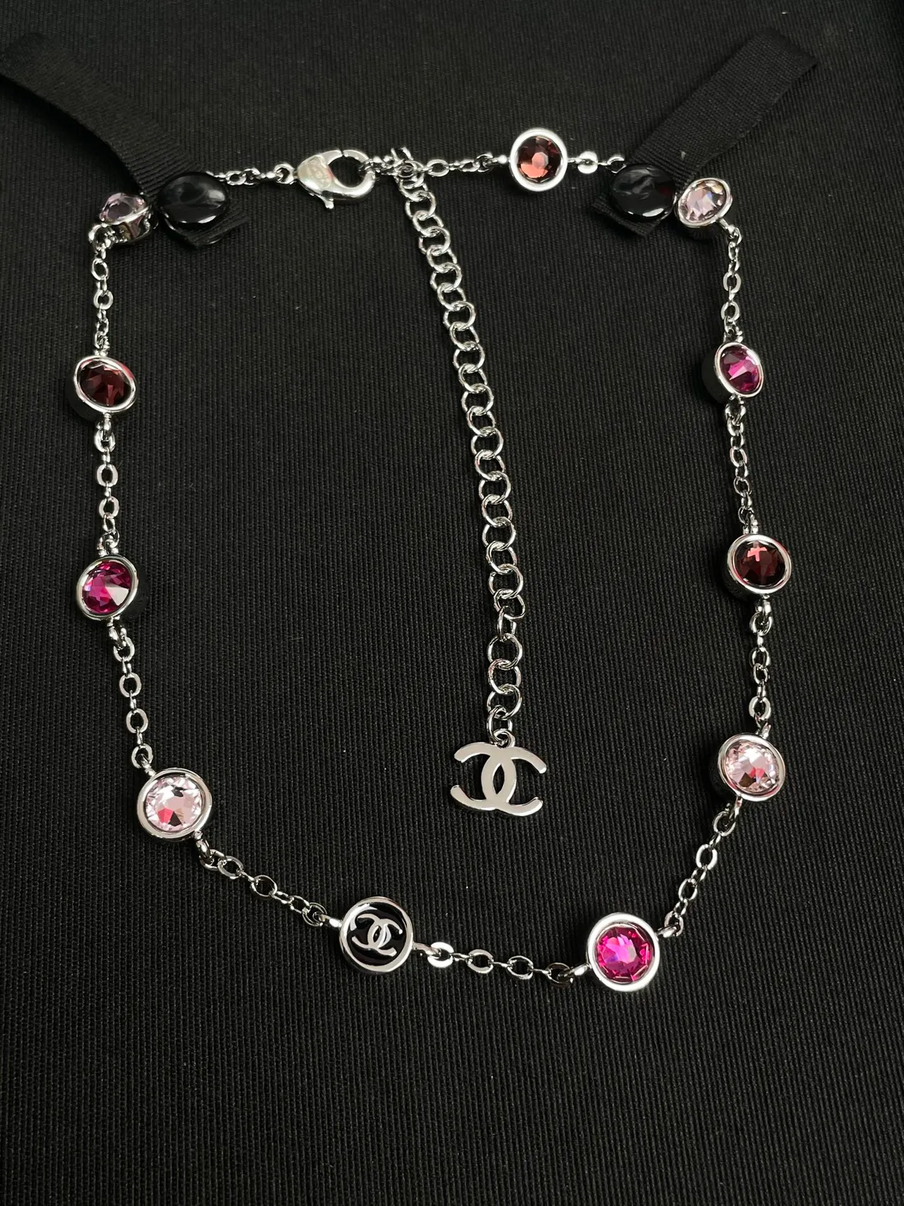 Chanel Silver Pink Chain Bezel-Set Colored Crystals Necklace 8