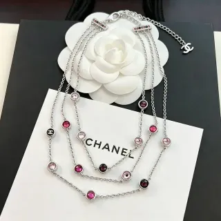 Chanel Silver Pink Multi-Strand Chain Faceted And Red Stones Necklace
