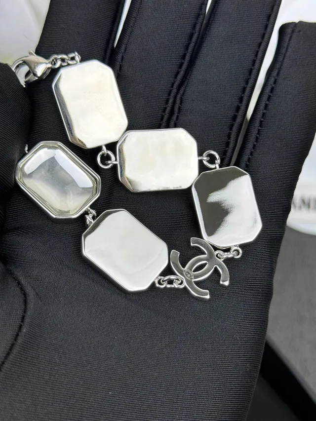 Chanel Silver White Geometric Resin Plaques Polished Metal Bracelet 4