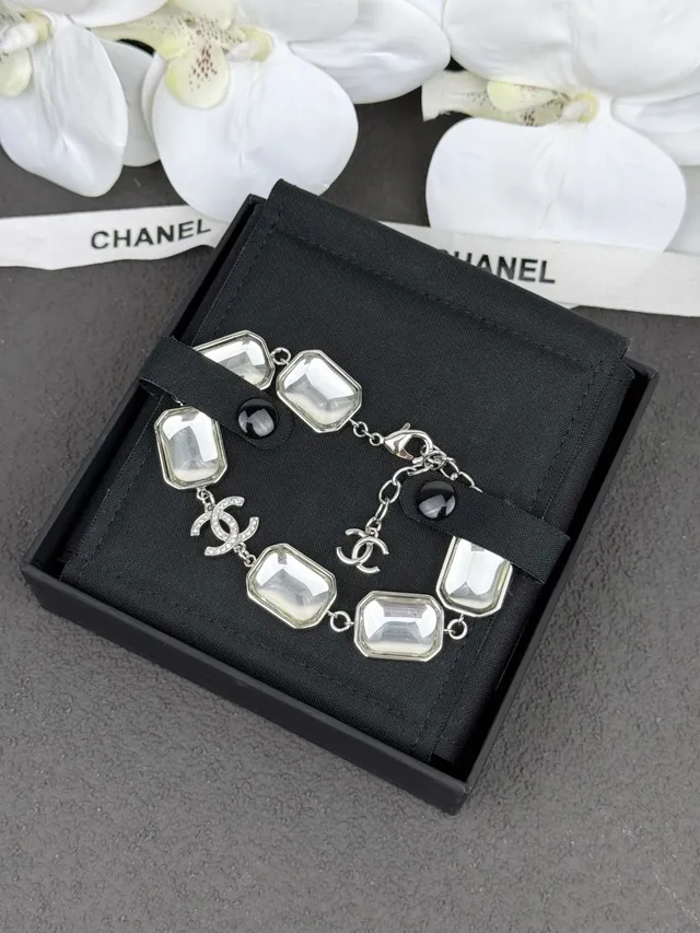 Chanel Silver White Geometric Resin Plaques Polished Metal Bracelet 6