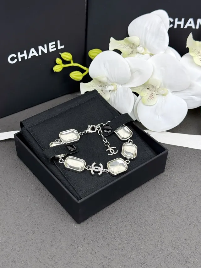 Chanel Silver White Geometric Resin Plaques Polished Metal Bracelet 7
