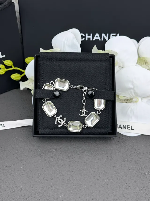 Chanel Silver White Geometric Resin Plaques Polished Metal Bracelet 8