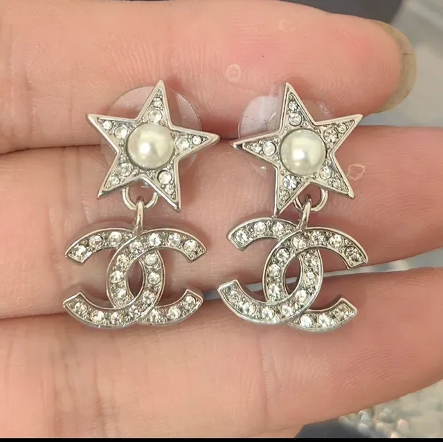 Chanel Silver White Star-and-CC Drop Crystal-Pavé Earrings 2